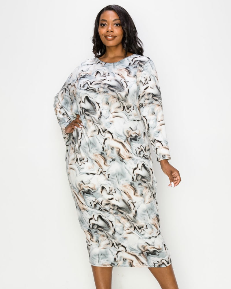 Front of a model wearing a size 1X Lola Asymmetrical Sleeve Midi Dress in Gray/Taupe by L I V D. | dia_product_style_image_id:240856